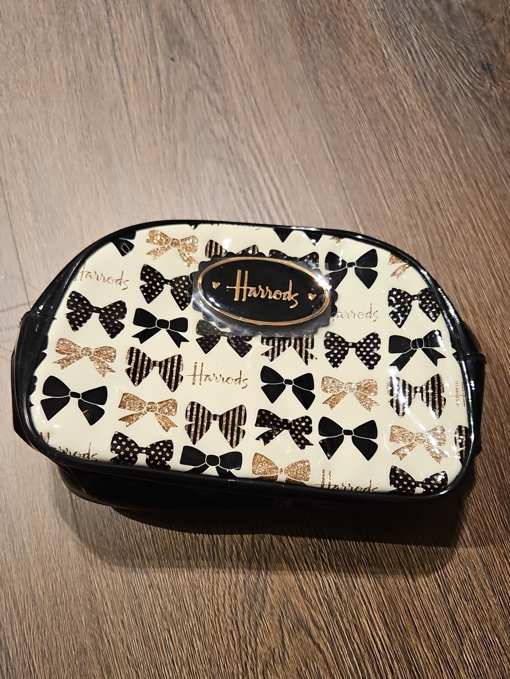 Harrods Cream, Black & Gold Bow-Print Cosmetic Pouch